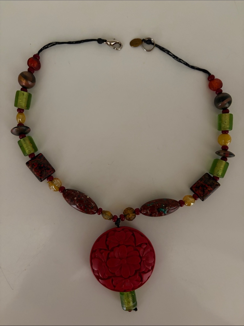Authentic Vintage Teresa Goodall Artisan  Red & Green Floral Pendant Necklace.